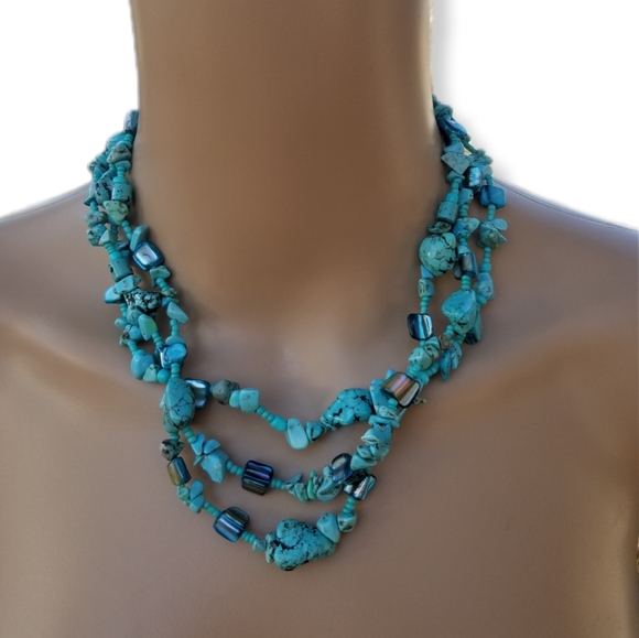 CAROL DAUPLAISE NWT TURQUOISE CHIP & ABALONE SHELL LAYERED NECKLACE - Picture 1 of 5